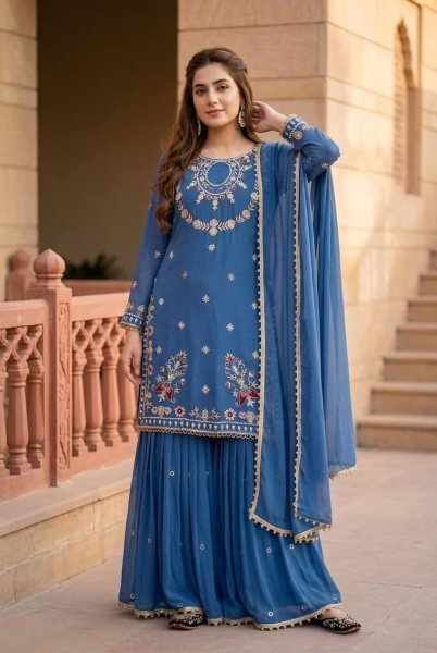 Minimalist Blue 3 Piece Faux Georgette Suit with Embroidery, Sequins and Fancy Lace Ready To Wear Collection