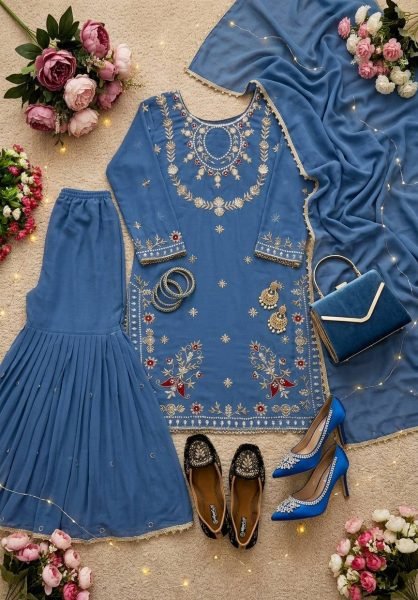 Minimalist Blue 3 Piece Faux Georgette Suit with Embroidery, Sequins and Fancy Lace Ready To Wear Collection