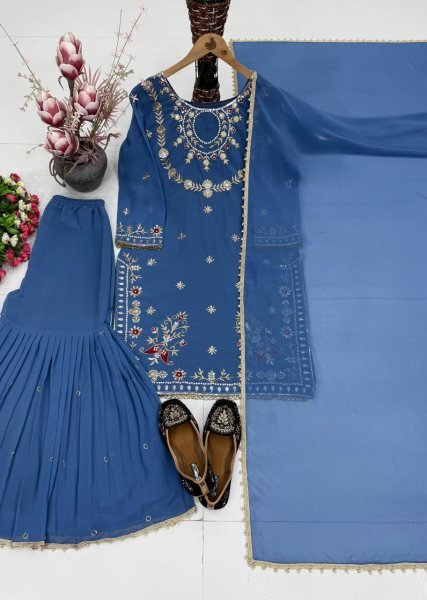 Minimalist Blue 3 Piece Faux Georgette Suit with Embroidery, Sequins and Fancy Lace Ready To Wear Collection