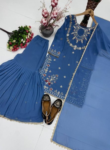 Minimalist Blue 3 Piece Faux Georgette Suit with Embroidery, Sequins and Fancy Lace Ready To Wear Collection