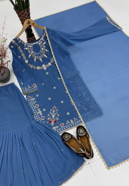 Minimalist Blue 3 Piece Faux Georgette Suit with Embroidery, Sequins and Fancy Lace Ready To Wear Collection