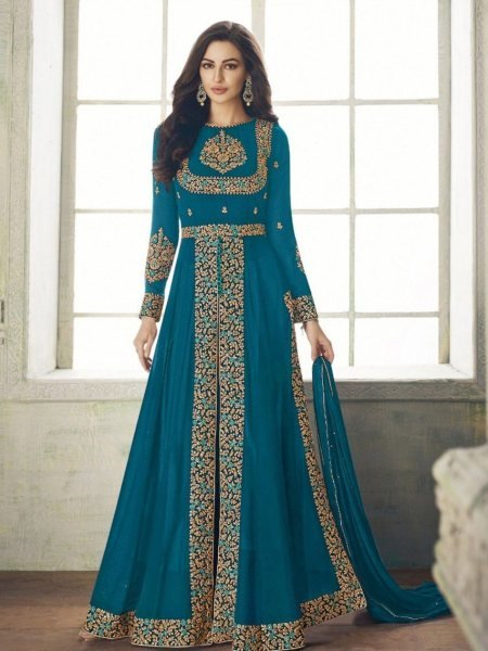 Minimalist Teal Blue Boutique Collection Designer Anarkali Suit at Wholesale Rate Salwar Kameez