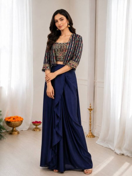 Minimalist Blue Chinon Silk Lehenga Blouse Koti Set with Cording Sequins Work 
