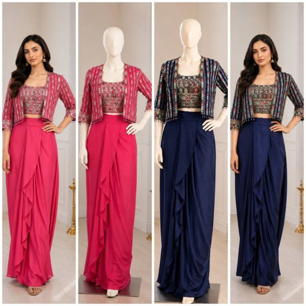 Minimalist Blue Chinon Silk Lehenga Blouse Koti Set with Cording Sequins Work Ready To Wear Saree 