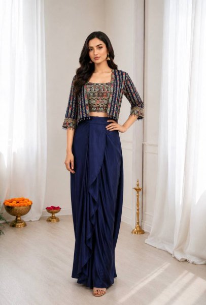 Minimalist Blue Chinon Silk Lehenga Blouse Koti Set with Cording Sequins Work Ready To Wear Saree 