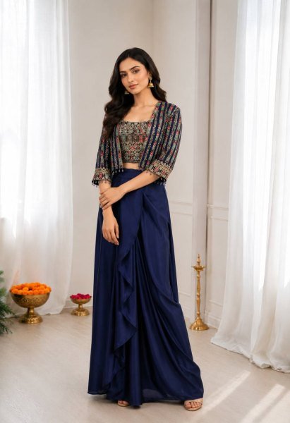 Minimalist Blue Chinon Silk Lehenga Blouse Koti Set with Cording Sequins Work Ready To Wear Saree 