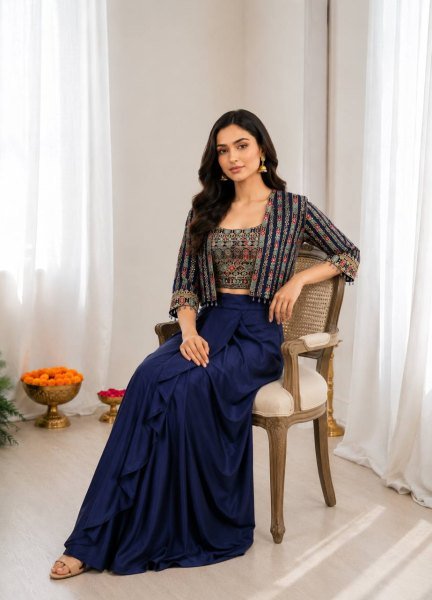 Minimalist Blue Chinon Silk Lehenga Blouse Koti Set with Cording Sequins Work Ready To Wear Saree 