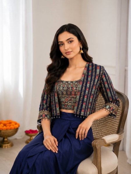 Minimalist Blue Chinon Silk Lehenga Blouse Koti Set with Cording Sequins Work Ready To Wear Saree 
