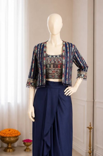 Minimalist Blue Chinon Silk Lehenga Blouse Koti Set with Cording Sequins Work Ready To Wear Saree 