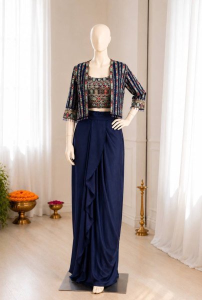 Minimalist Blue Chinon Silk Lehenga Blouse Koti Set with Cording Sequins Work Ready To Wear Saree 