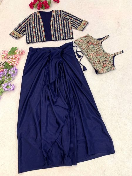Minimalist Blue Chinon Silk Lehenga Blouse Koti Set with Cording Sequins Work Ready To Wear Saree 