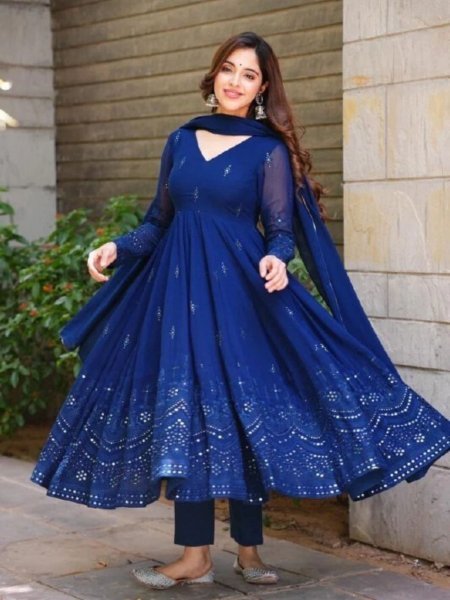 Minimalist Blue Faux Georgette Embroidered Suit Set with Dupatta for Party Wear 
