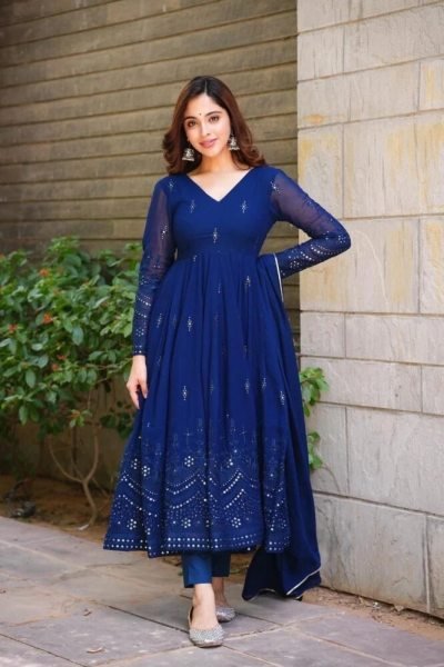 Minimalist Blue Faux Georgette Embroidered Suit Set with Dupatta for Party Wear Ready To Wear Collection