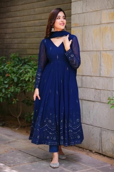 Minimalist Blue Faux Georgette Embroidered Suit Set with Dupatta for Party Wear Ready To Wear Collection