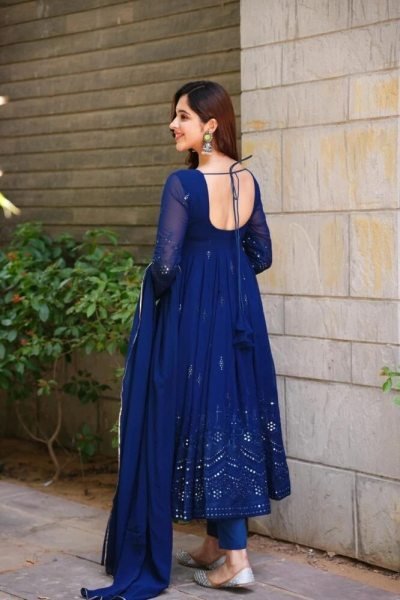 Minimalist Blue Faux Georgette Embroidered Suit Set with Dupatta for Party Wear Ready To Wear Collection