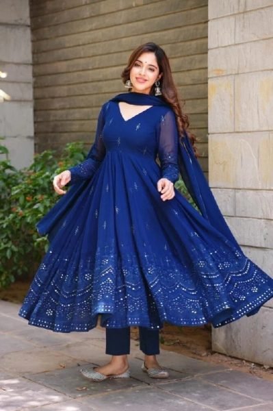 Minimalist Blue Faux Georgette Embroidered Suit Set with Dupatta for Party Wear Ready To Wear Collection