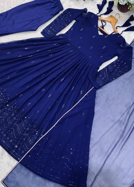 Minimalist Blue Faux Georgette Embroidered Suit Set with Dupatta for Party Wear Ready To Wear Collection