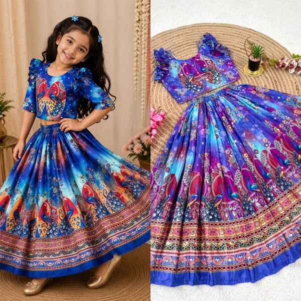Minimalist Blue Premium Organza Silk Lehenga Choli with Hand Mirror Work Girls Wear