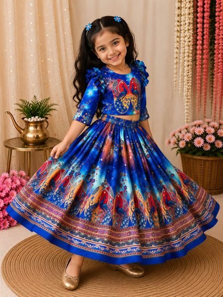 Minimalist Blue Premium Organza Silk Lehenga Choli with Hand Mirror Work Girls Wear