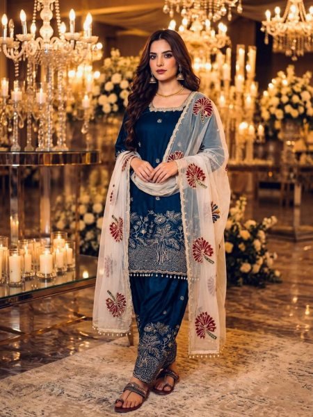 Minimalist Blue Pure Fendi Silk Farshi Palazzo Set with Organza Dupatta with Moti Work for Weddings 