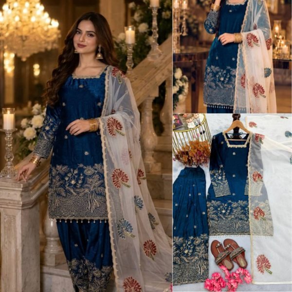 Minimalist Blue Pure Fendi Silk Farshi Palazzo Set with Organza Dupatta with Moti Work for Weddings Ready To Wear Collection
