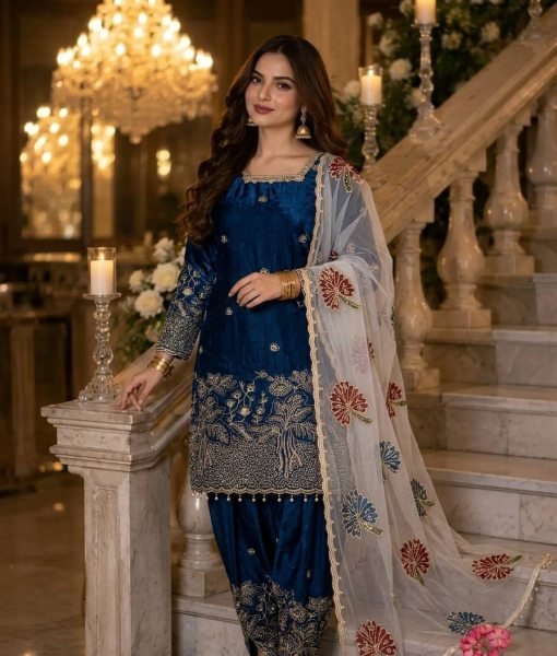 Minimalist Blue Pure Fendi Silk Farshi Palazzo Set with Organza Dupatta with Moti Work for Weddings Ready To Wear Collection