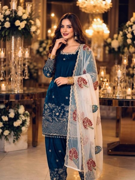 Minimalist Blue Pure Fendi Silk Farshi Palazzo Set with Organza Dupatta with Moti Work for Weddings Ready To Wear Collection