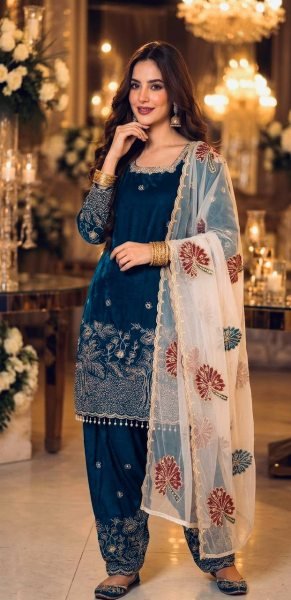 Minimalist Blue Pure Fendi Silk Farshi Palazzo Set with Organza Dupatta with Moti Work for Weddings Ready To Wear Collection
