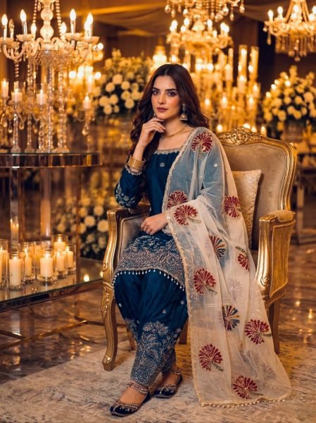 Minimalist Blue Pure Fendi Silk Farshi Palazzo Set with Organza Dupatta with Moti Work for Weddings Ready To Wear Collection