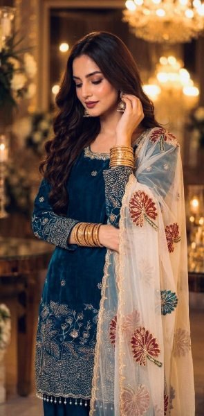 Minimalist Blue Pure Fendi Silk Farshi Palazzo Set with Organza Dupatta with Moti Work for Weddings Ready To Wear Collection