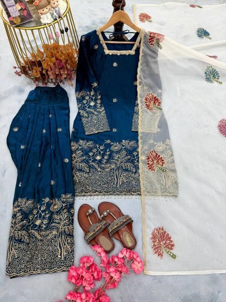 Minimalist Blue Pure Fendi Silk Farshi Palazzo Set with Organza Dupatta with Moti Work for Weddings Ready To Wear Collection
