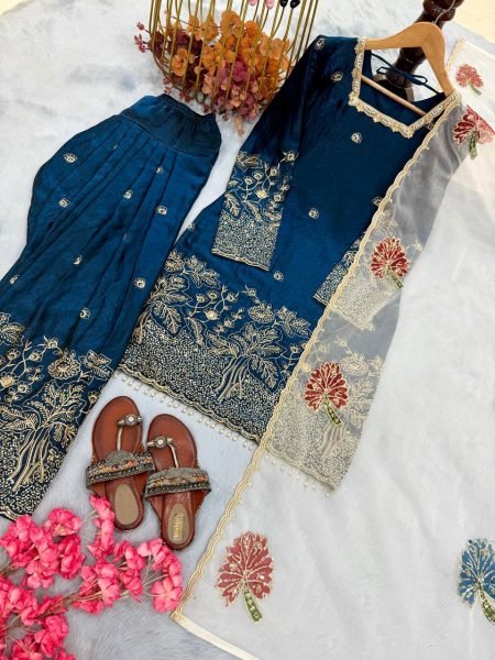 Minimalist Blue Pure Fendi Silk Farshi Palazzo Set with Organza Dupatta with Moti Work for Weddings Ready To Wear Collection