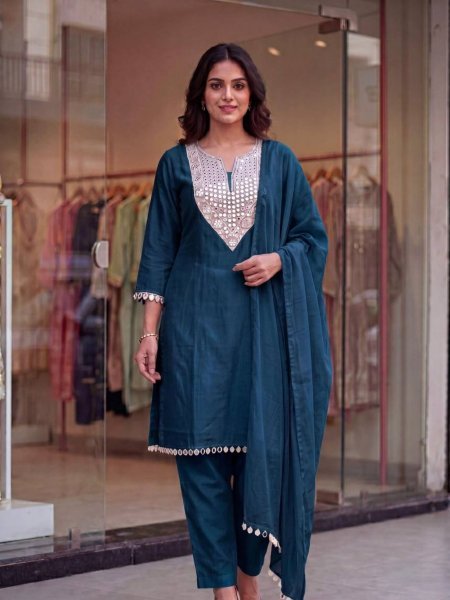Minimalist Blue Rangoli Crush Silk Suit Set with Mirror Work and Dupatta Kurtis