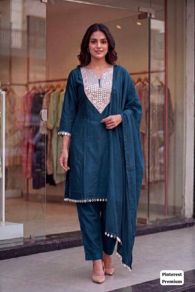 Minimalist Blue Rangoli Crush Silk Suit Set with Mirror Work and Dupatta Embroidery Kurtis 