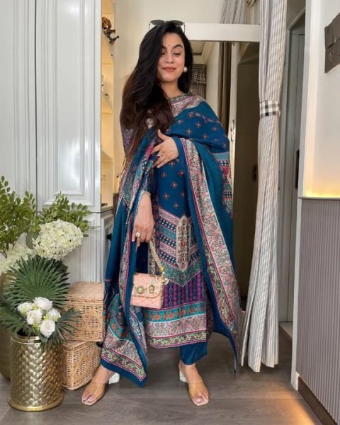 Minimalist Blue Ready to Wear Chanderi Suit Set with Dupatta for Office Wear  Straight Cut Long Kurtis