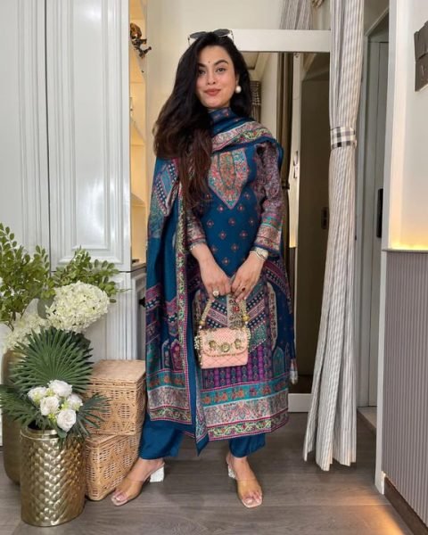 Minimalist Blue Ready to Wear Chanderi Suit Set with Dupatta for Office Wear  Straight Cut Long Kurtis