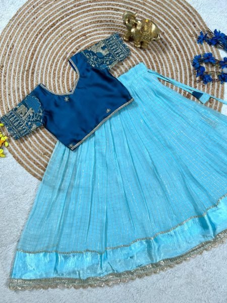 Minimalist Blue Sky Blue Premium Girls Lehenga Choli with Embroidered Blouse Girls Wear