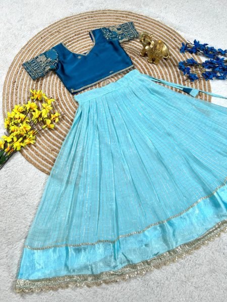 Minimalist Blue Sky Blue Premium Girls Lehenga Choli with Embroidered Blouse Girls Wear