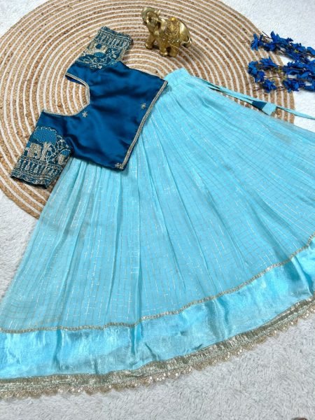 Minimalist Blue Sky Blue Premium Girls Lehenga Choli with Embroidered Blouse Girls Wear