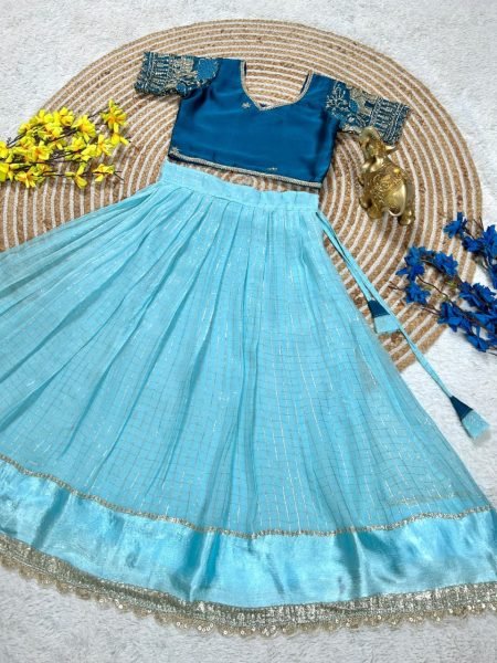 Minimalist Blue Sky Blue Premium Girls Lehenga Choli with Embroidered Blouse Girls Wear