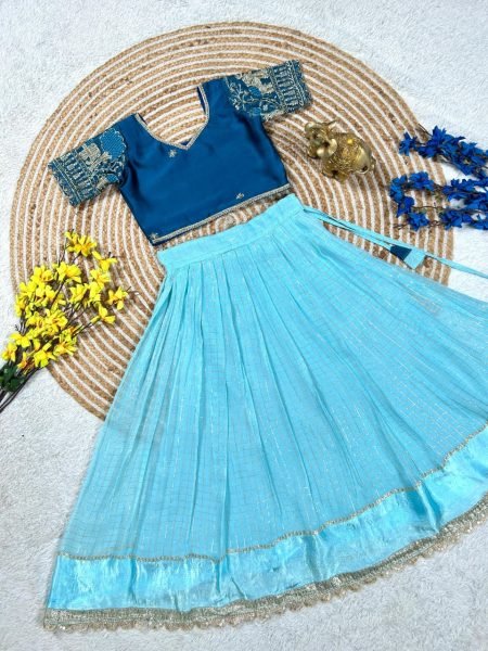 Minimalist Blue Sky Blue Premium Girls Lehenga Choli with Embroidered Blouse Girls Wear