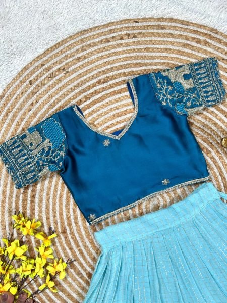 Minimalist Blue Sky Blue Premium Girls Lehenga Choli with Embroidered Blouse Girls Wear