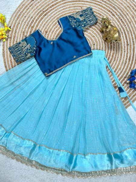 Minimalist Blue Sky Blue Premium Girls Lehenga Choli with Embroidered Blouse Girls Wear