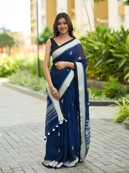 Minimalist Blue Soft Linen Slub Party Wear Saree with Rich Pallu Jacquard Design 