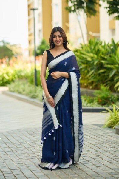 Minimalist Blue Soft Linen Slub Party Wear Saree with Rich Pallu Jacquard Design Linen Sarees Wholesale