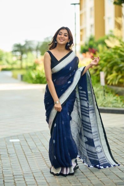 Minimalist Blue Soft Linen Slub Party Wear Saree with Rich Pallu Jacquard Design Linen Sarees Wholesale