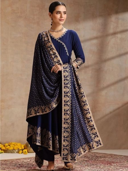 Minimalist Blue Traditional Anarkali Printed Dress Set For Retailer Discount 