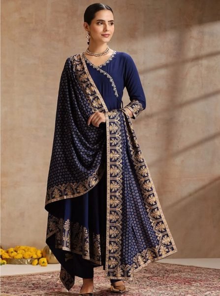 Minimalist Blue Traditional Anarkali Printed Dress Set For Retailer Discount Ready To Wear Collection