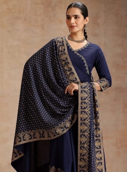 Minimalist Blue Traditional Anarkali Printed Dress Set For Retailer Discount Ready To Wear Collection