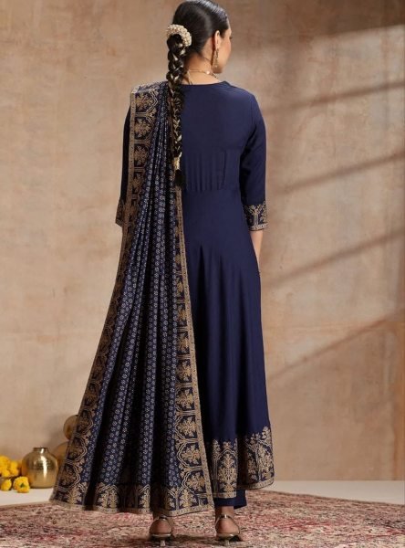 Minimalist Blue Traditional Anarkali Printed Dress Set For Retailer Discount Ready To Wear Collection